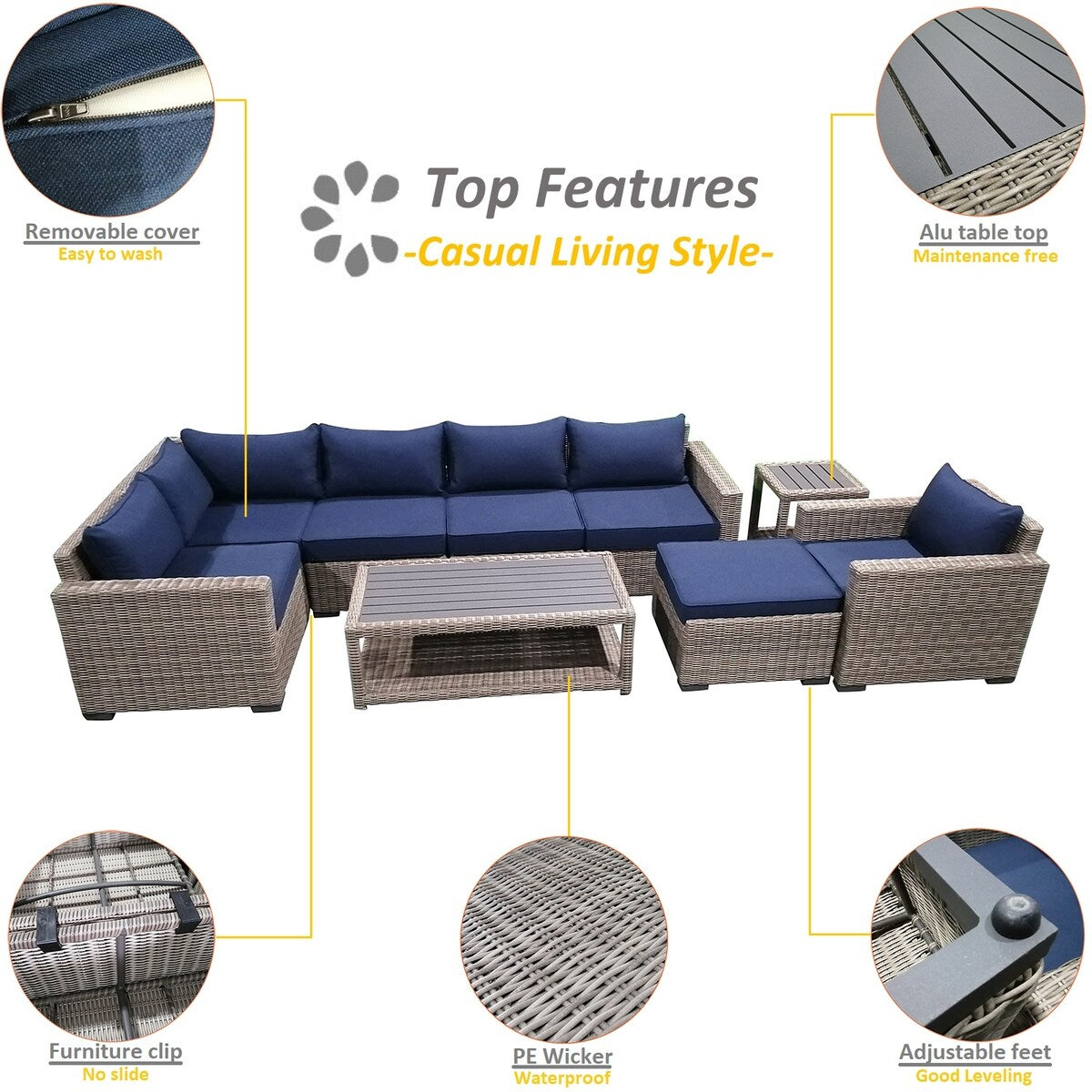 Patio8 Outdoor Sectional 9pcs Gray Wicker Patio Casual Furniture Set