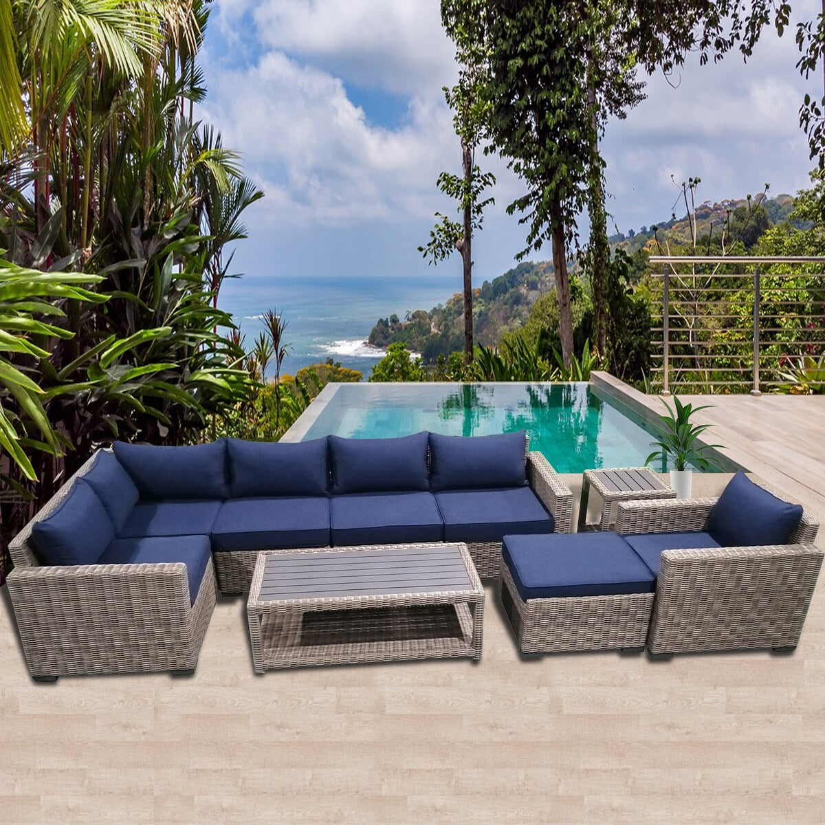 Patio8 Outdoor Sectional 9pcs Gray Wicker Patio Casual Furniture Set