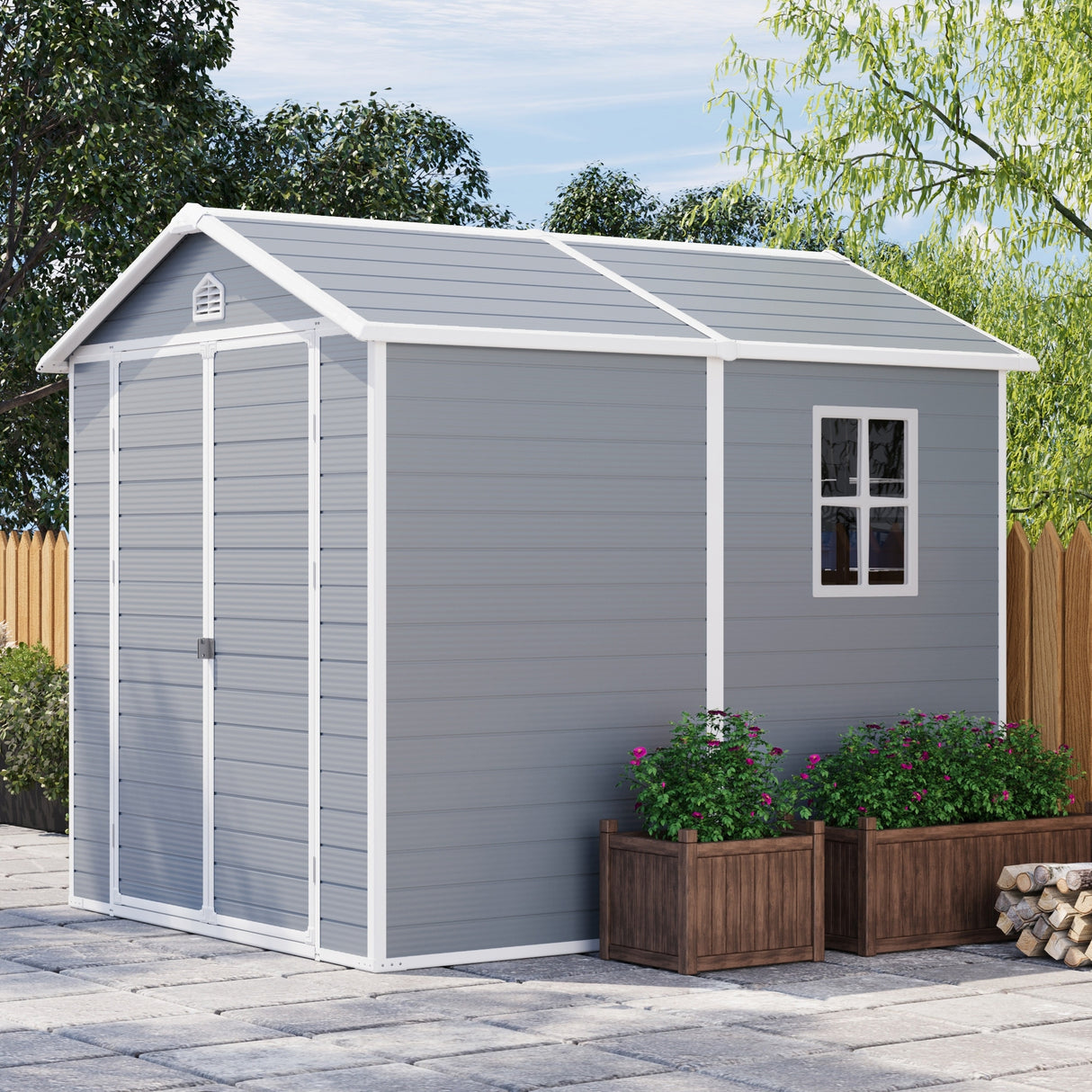 Patiowell 4' x 6' & 8' x 6' Plastic Outdoor Storage Shed with Floor to Store Patio Furniture and Tools, Grey