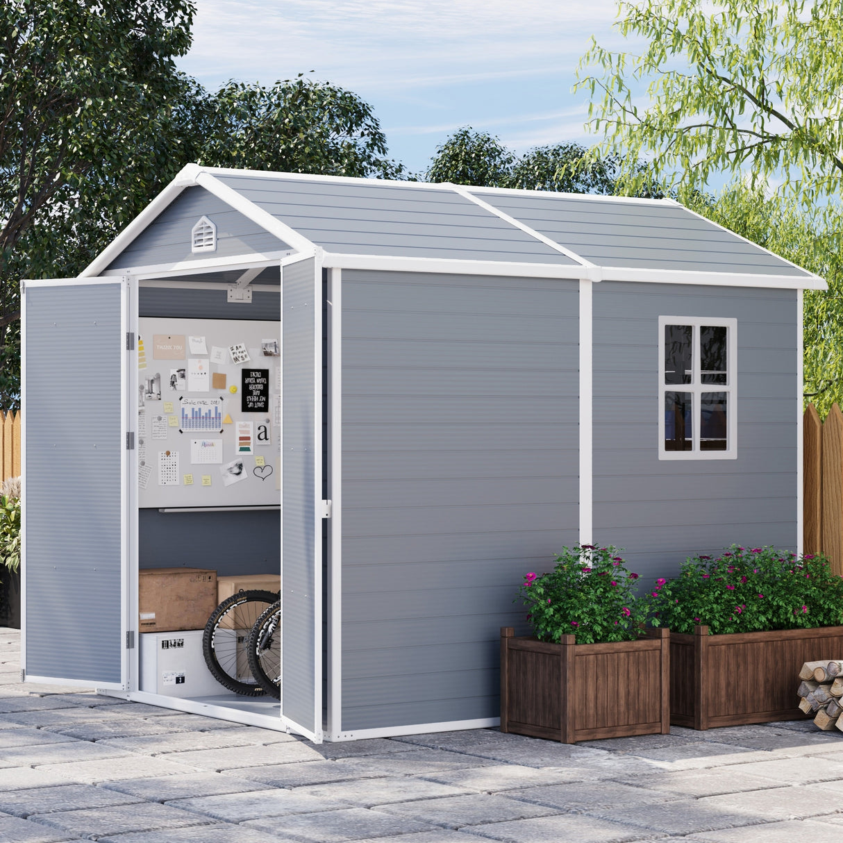 Patiowell 4' x 6' & 8' x 6' Plastic Outdoor Storage Shed with Floor to Store Patio Furniture and Tools, Grey