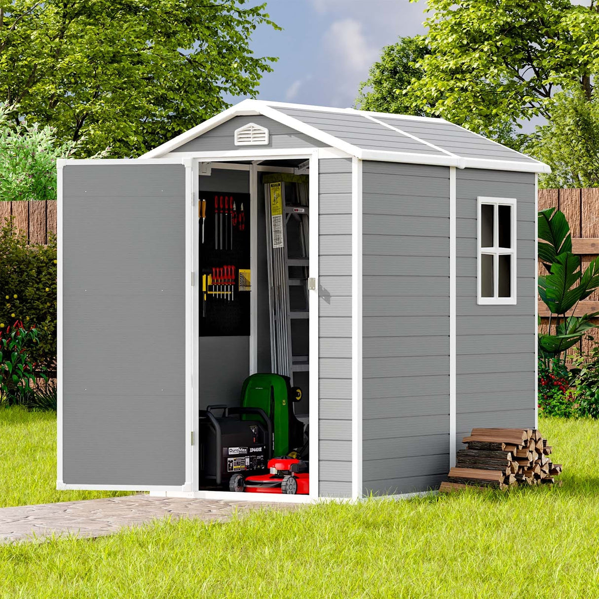 Patiowell 4' x 6' & 8' x 6' Plastic Outdoor Storage Shed with Floor to Store Patio Furniture and Tools, Grey