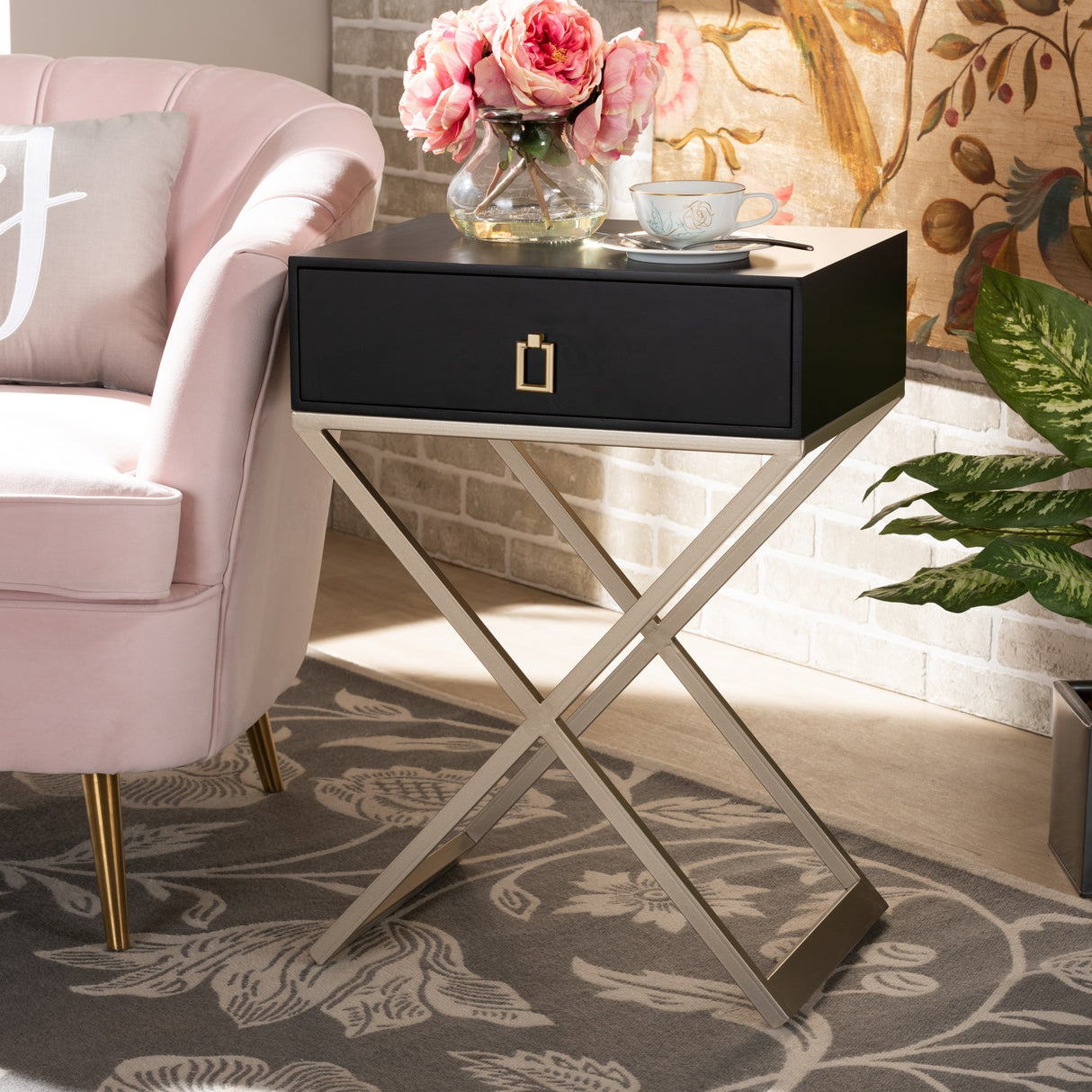 Baxton Studio Patricia Modern and Contemporary Wood and Powder Coated Brass Effect Metal 1-Drawer End Table