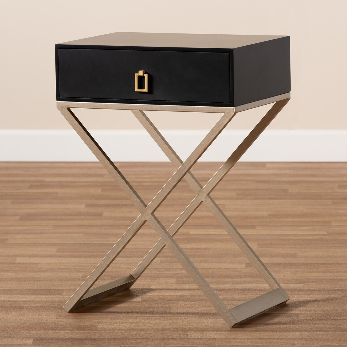 Baxton Studio Patricia Modern and Contemporary Wood and Powder Coated Brass Effect Metal 1-Drawer End Table