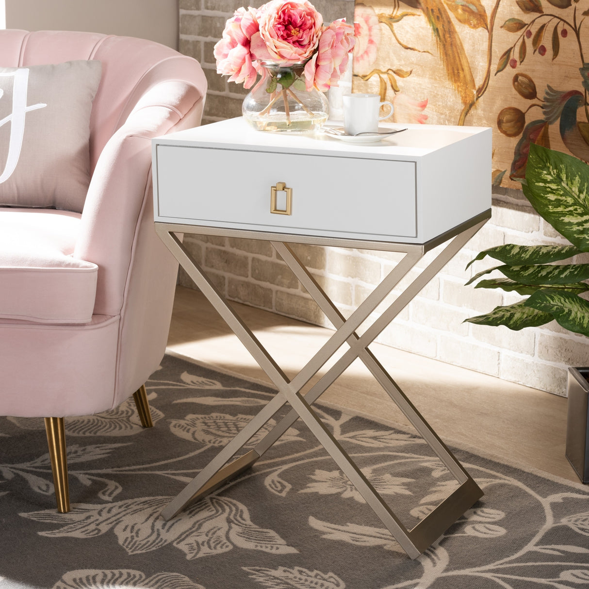 Baxton Studio Patricia Modern and Contemporary Wood and Powder Coated Brass Effect Metal 1-Drawer End Table