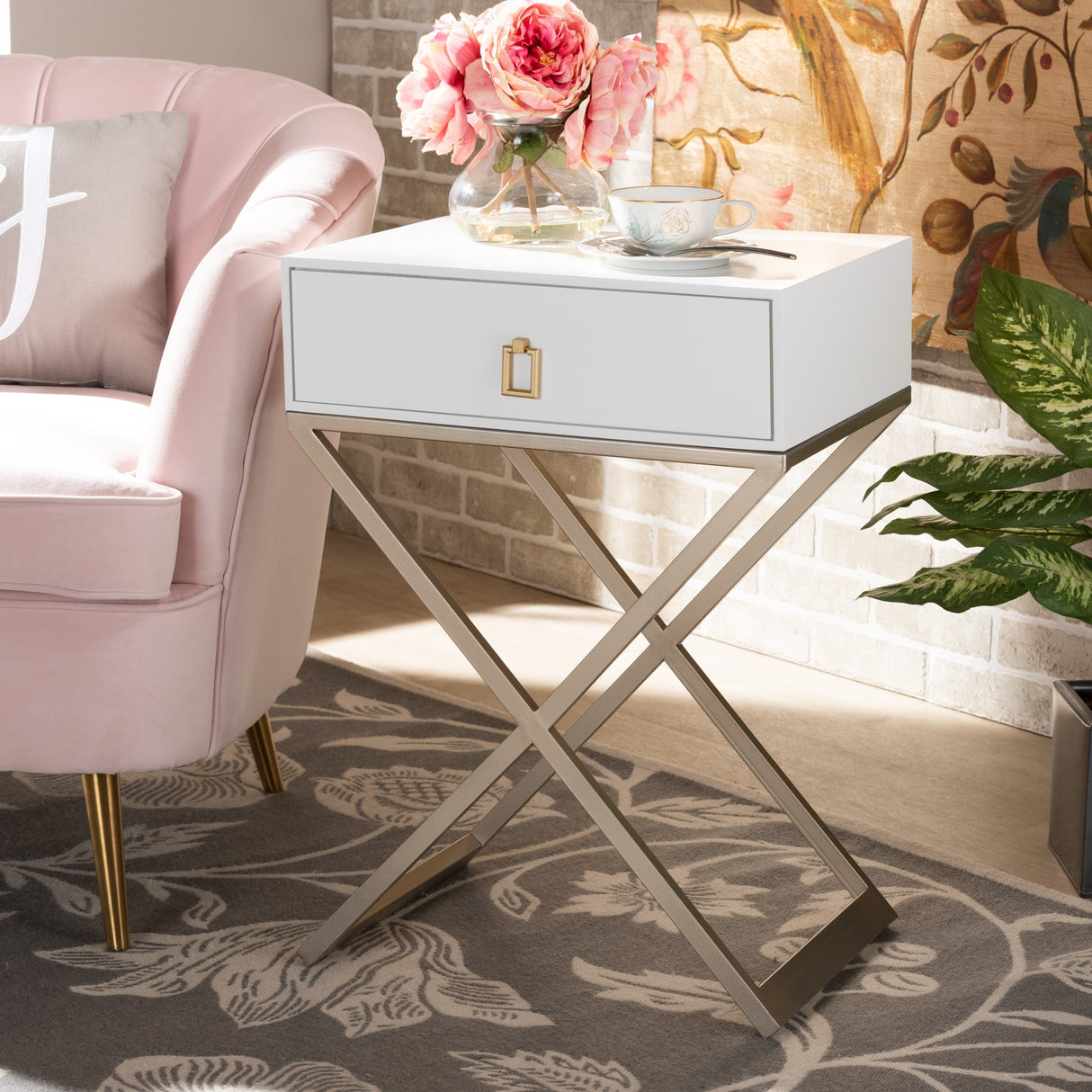 Baxton Studio Patricia Modern and Contemporary Wood and Powder Coated Brass Effect Metal 1-Drawer End Table