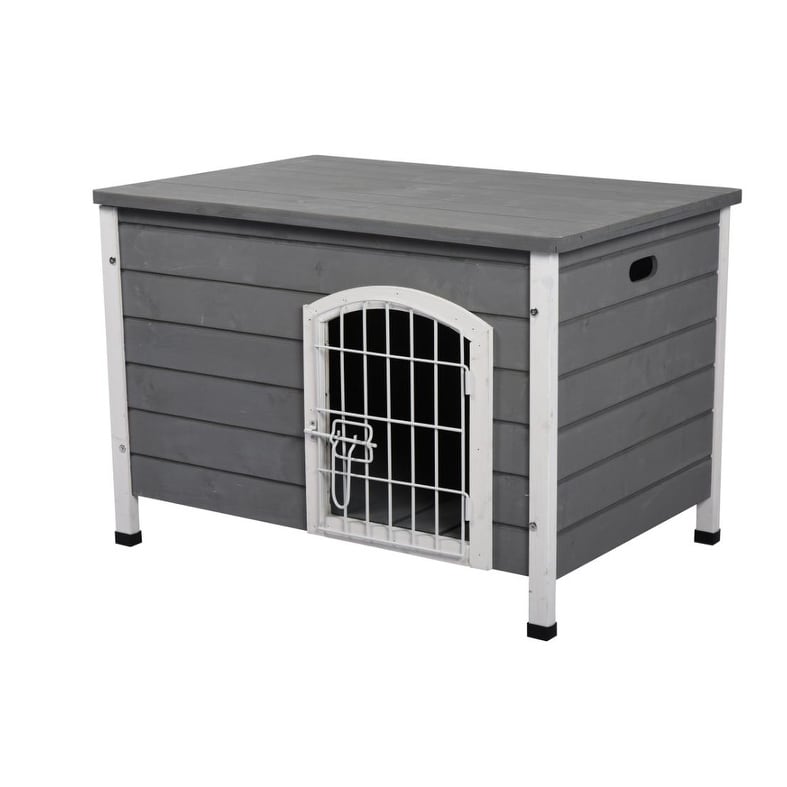 PawHut 21'' Wooden Decorative Dog Cage Kennel Wire Door with Lock Small Animal House with Openable Top Removable Bottom Gray