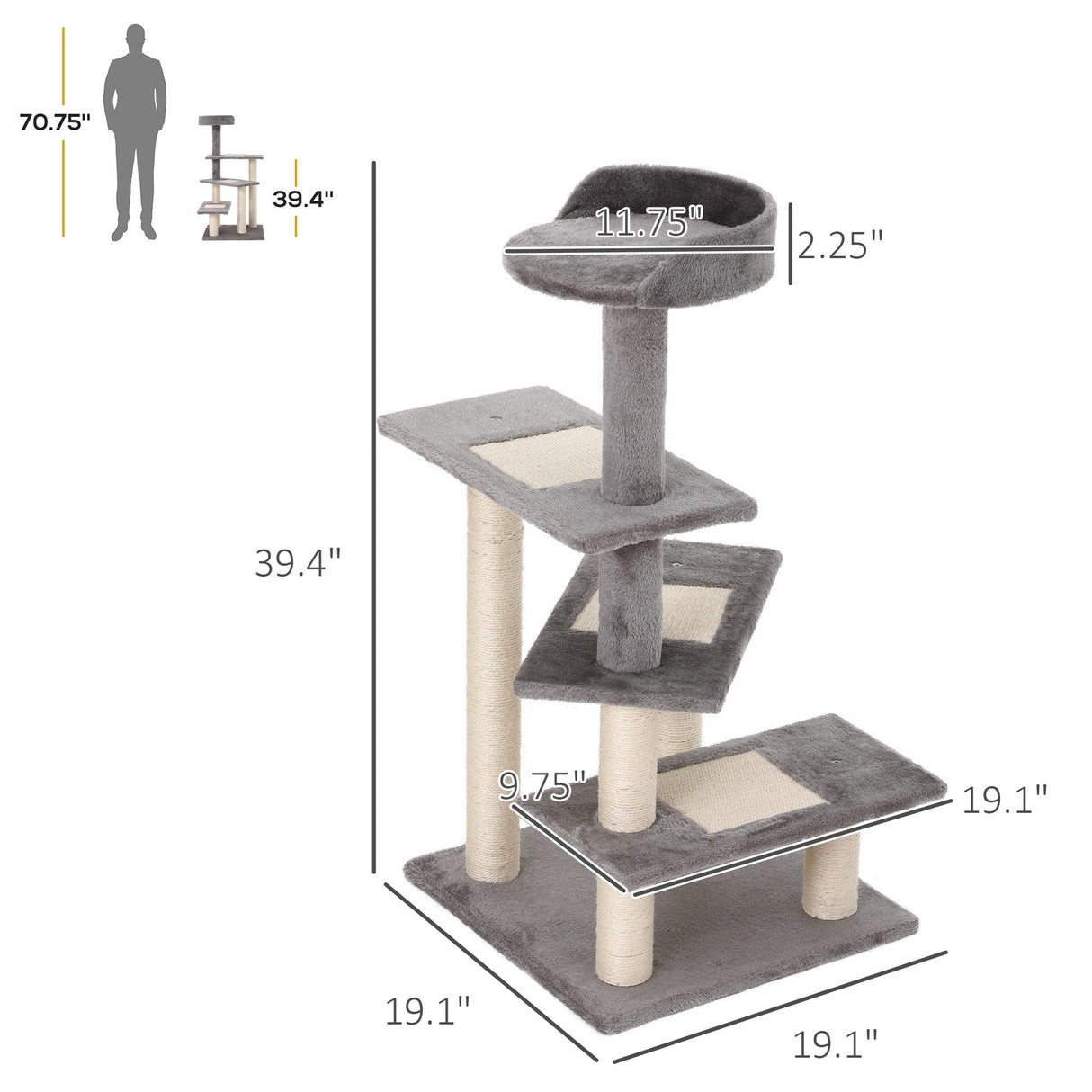 PawHut 40" 5-Level Revolving Stair Cat Tree Scratcher Climbing Activity Tower with Play Center and Resting Perch, Grey