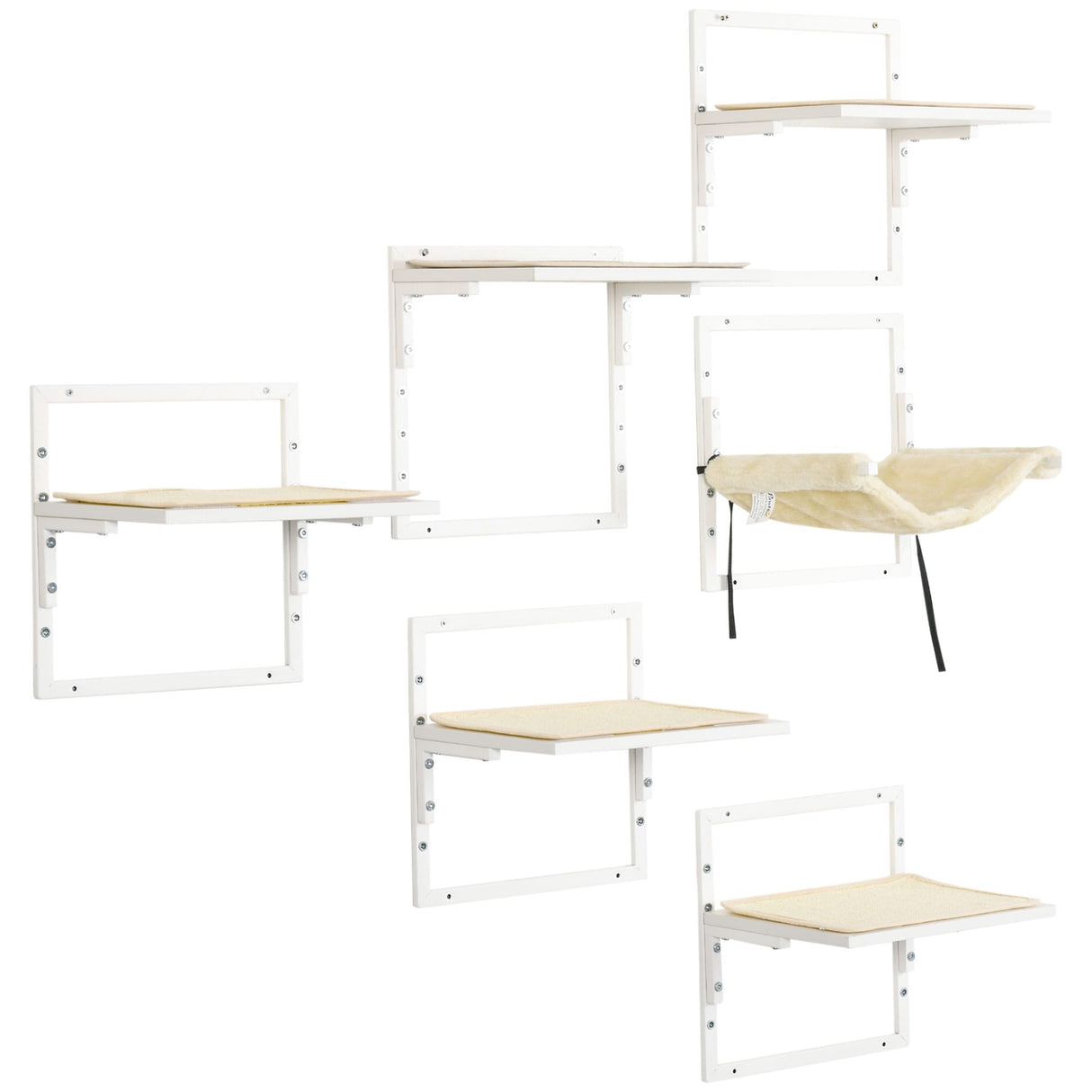 PawHut 6-pc Modern Cat Wall Shelves for Indoor Cats, Height Adjustable Jumping Platforms & Cat Hammock