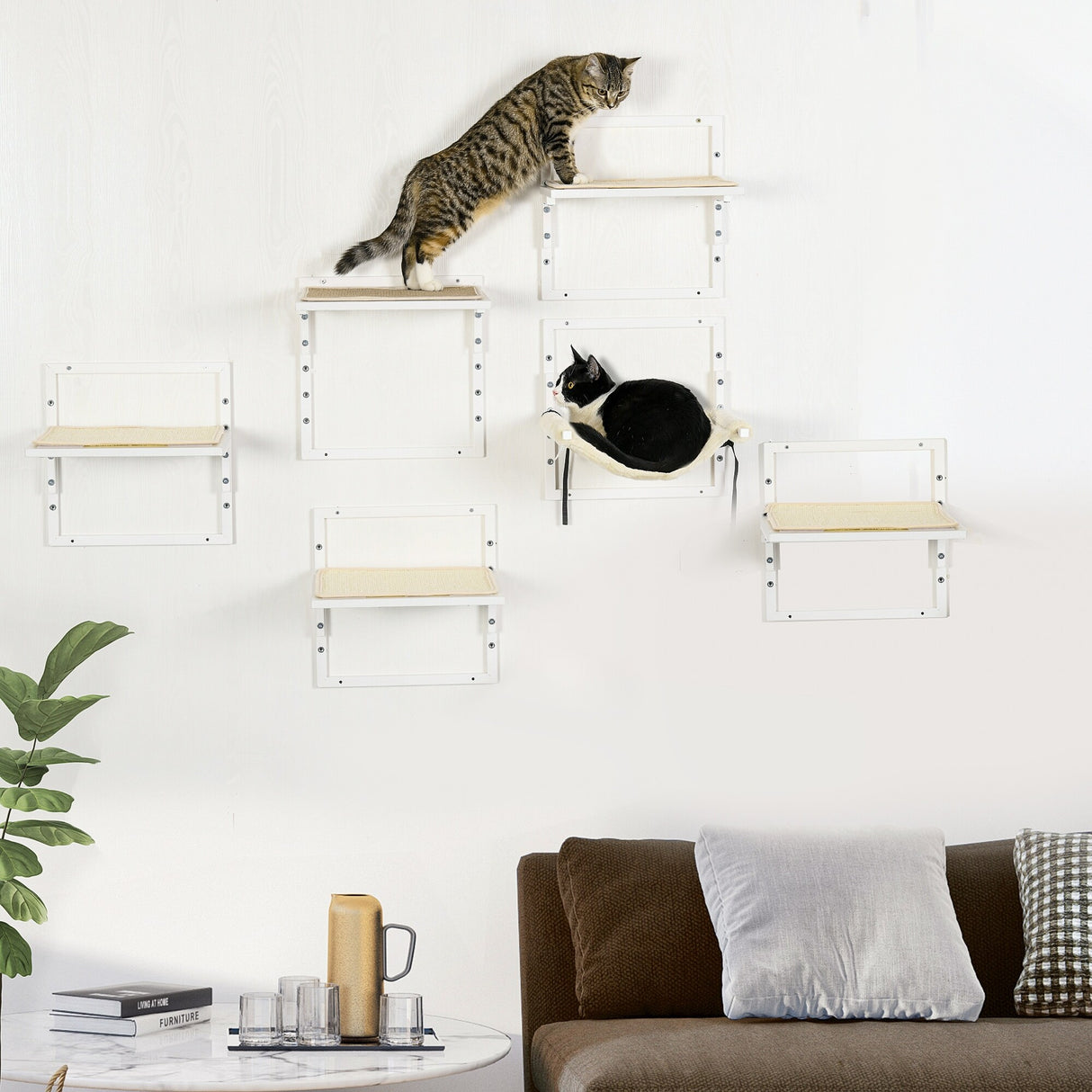 PawHut 6-pc Modern Cat Wall Shelves for Indoor Cats, Height Adjustable Jumping Platforms & Cat Hammock