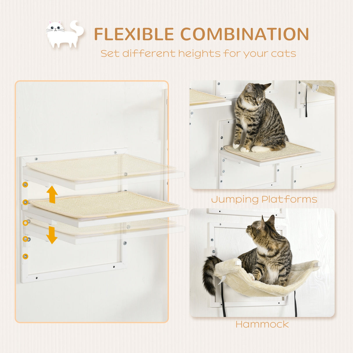 PawHut 6-pc Modern Cat Wall Shelves for Indoor Cats, Height Adjustable Jumping Platforms & Cat Hammock