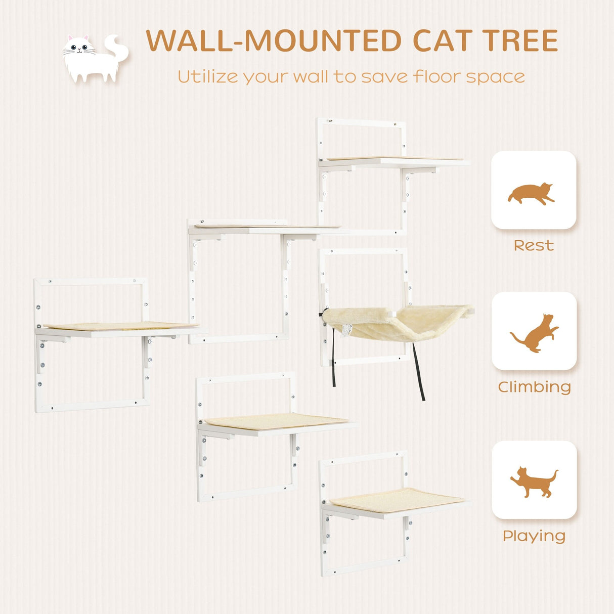 PawHut 6-pc Modern Cat Wall Shelves for Indoor Cats, Height Adjustable Jumping Platforms & Cat Hammock