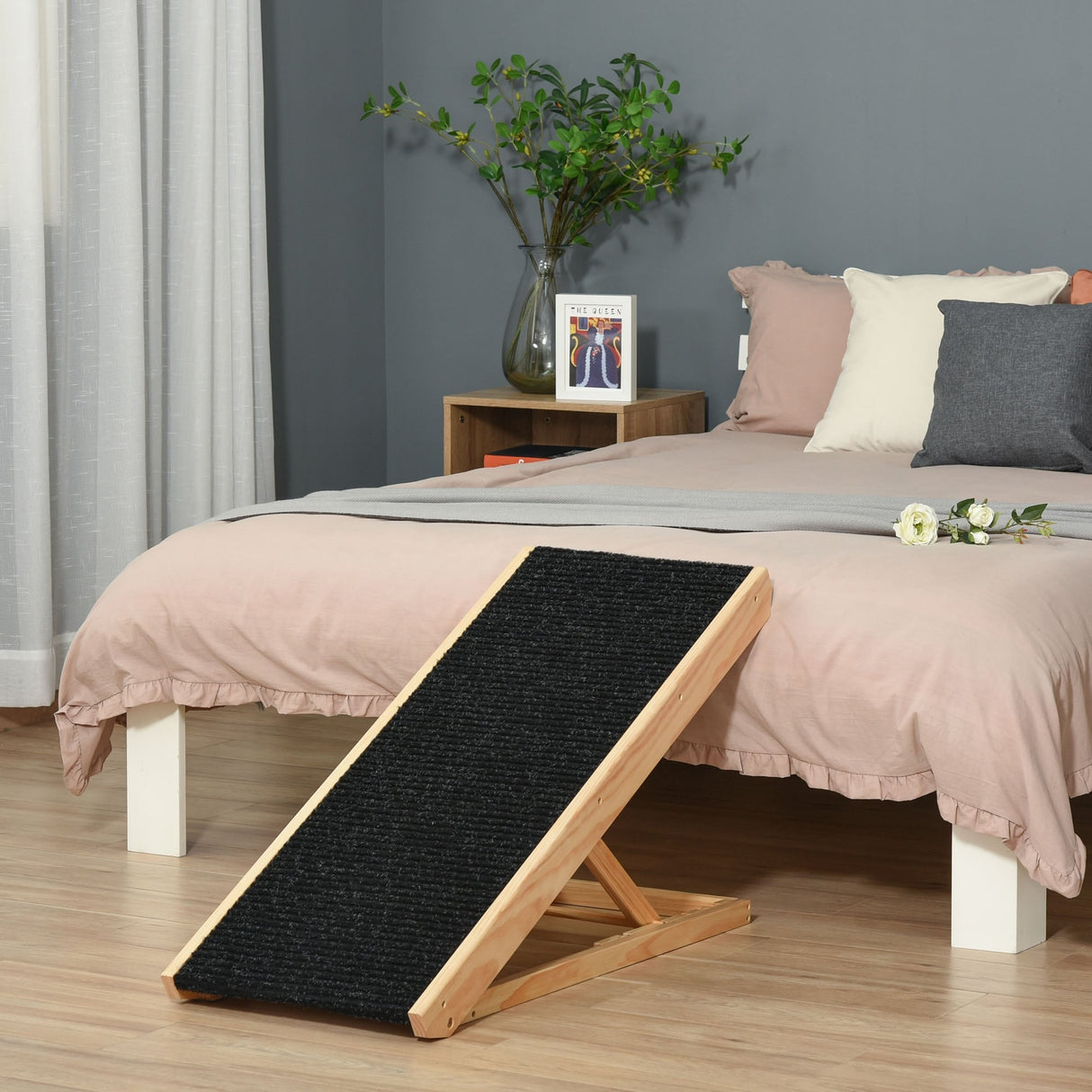 PawHut Pet Ramp Bed Steps for Dogs Cats Foldable Height Adjustable with Non-slip Carpet Pine Wood 35.5"L x 16"W x 24"H Black