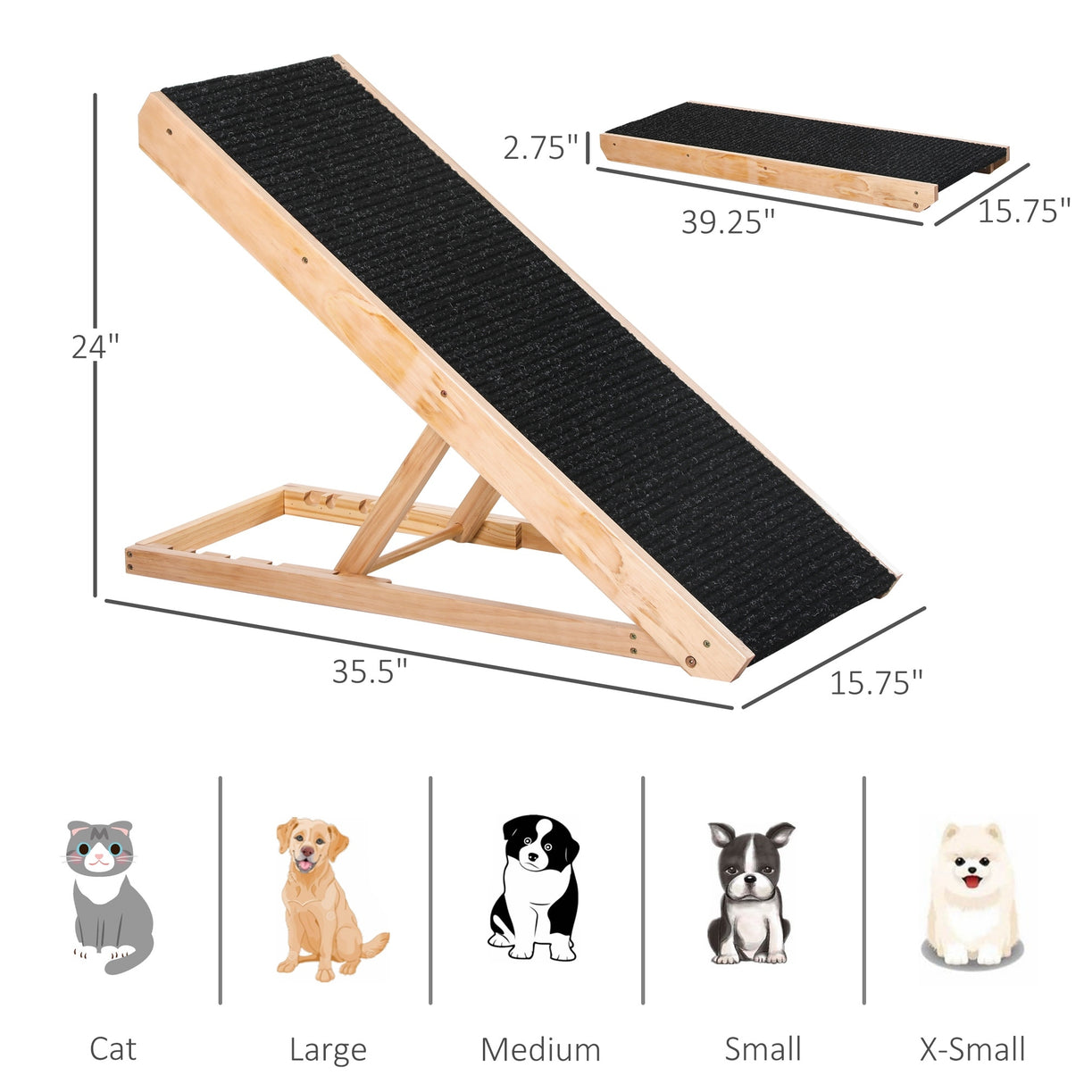 PawHut Pet Ramp Bed Steps for Dogs Cats Foldable Height Adjustable with Non-slip Carpet Pine Wood 35.5"L x 16"W x 24"H Black