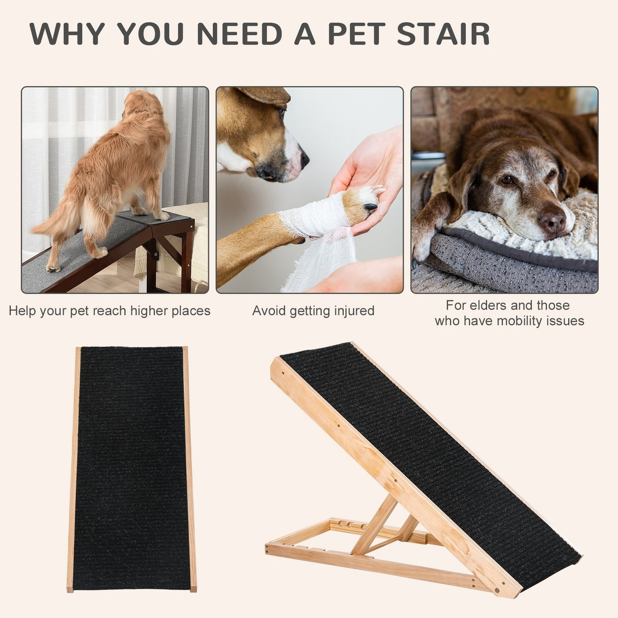 PawHut Pet Ramp Bed Steps for Dogs Cats Foldable Height Adjustable with Non-slip Carpet Pine Wood 35.5"L x 16"W x 24"H Black