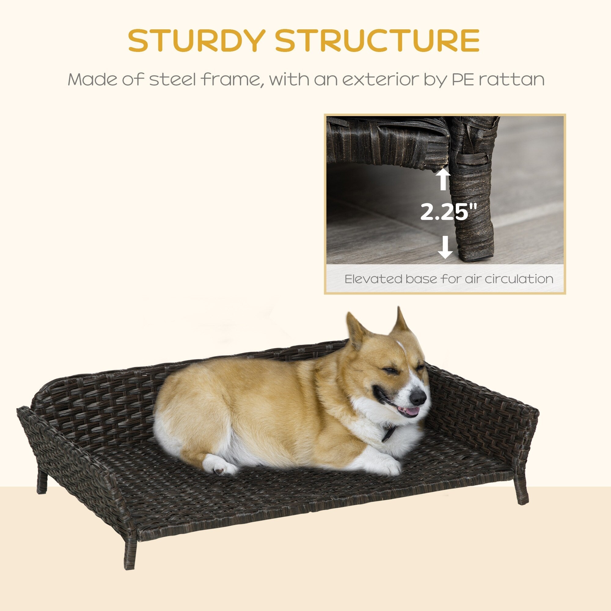 PawHut Rattan Dog Sofa Wicker Pet Bed Raised Cat Couch with Steel F