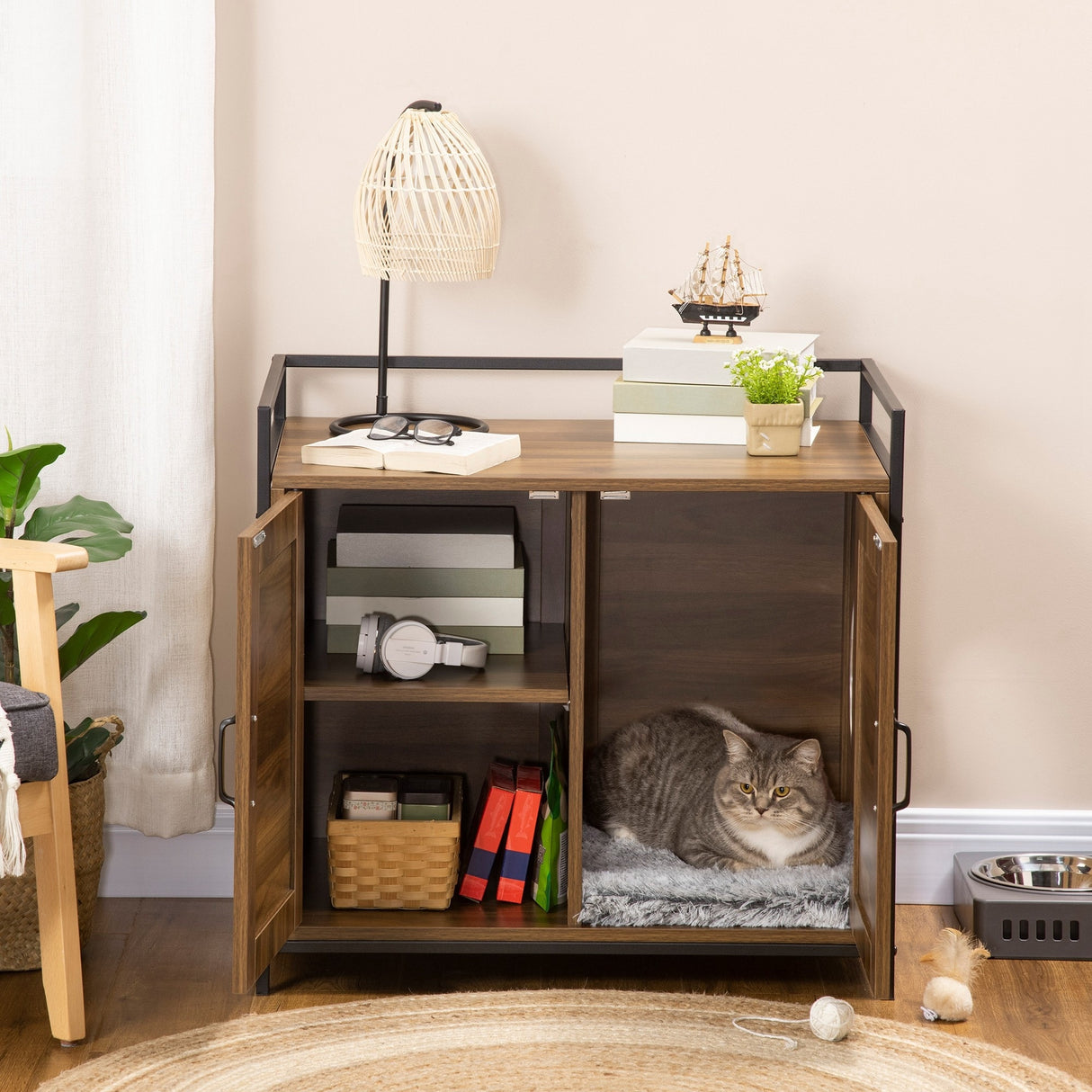 PawHut Shelved Hidden Litter Box Enclosure with Spacious Top and Interior, Large Cat Litter House End Table for Indoor Cats