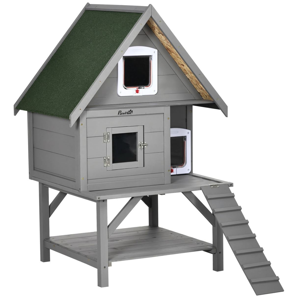 PawHut Wooden Cat House Outdoor with Escape Door, Weatherproof 3-Floor Cat Shelter for 1-2 Feral Cats