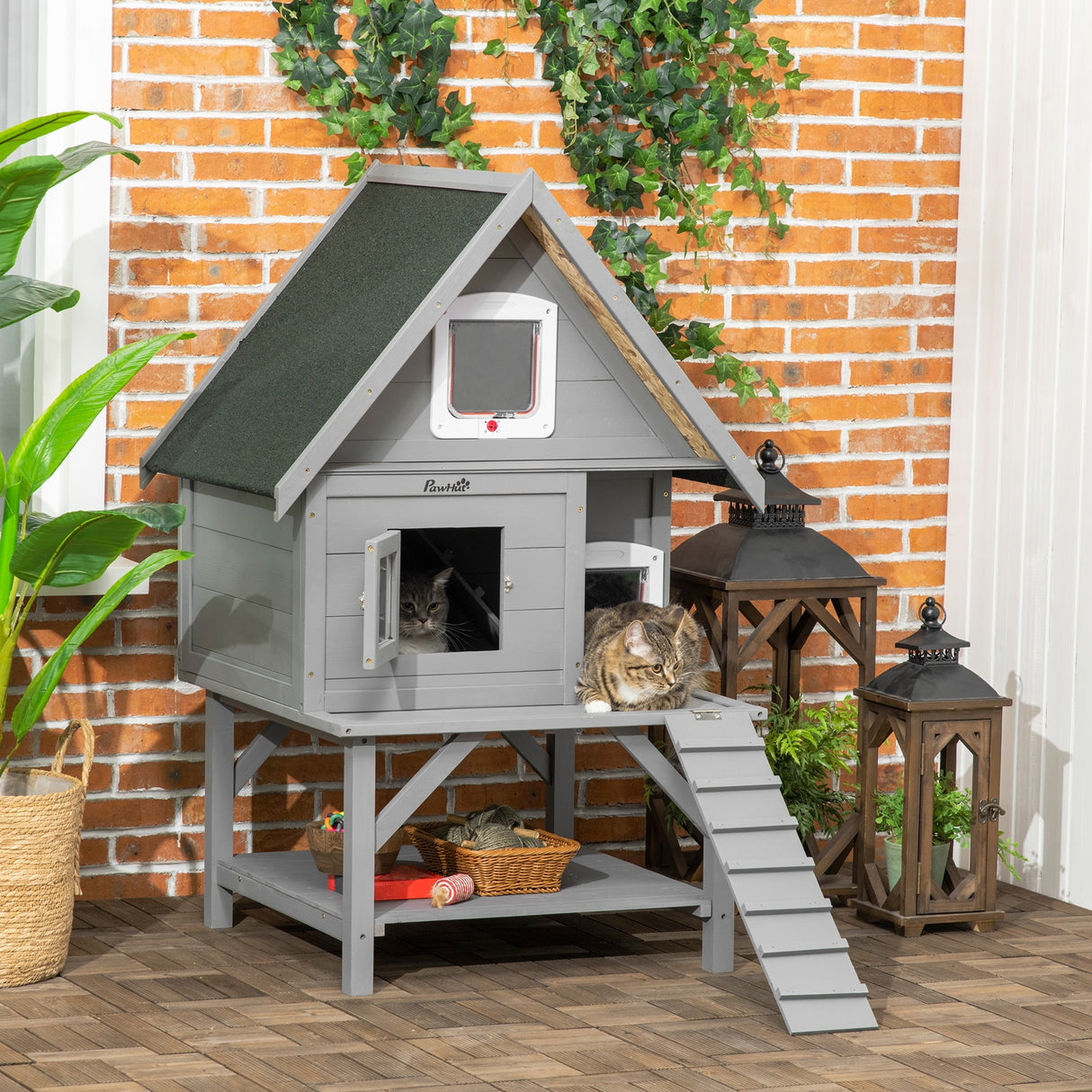 PawHut Wooden Cat House Outdoor with Escape Door, Weatherproof 3-Floor Cat Shelter for 1-2 Feral Cats