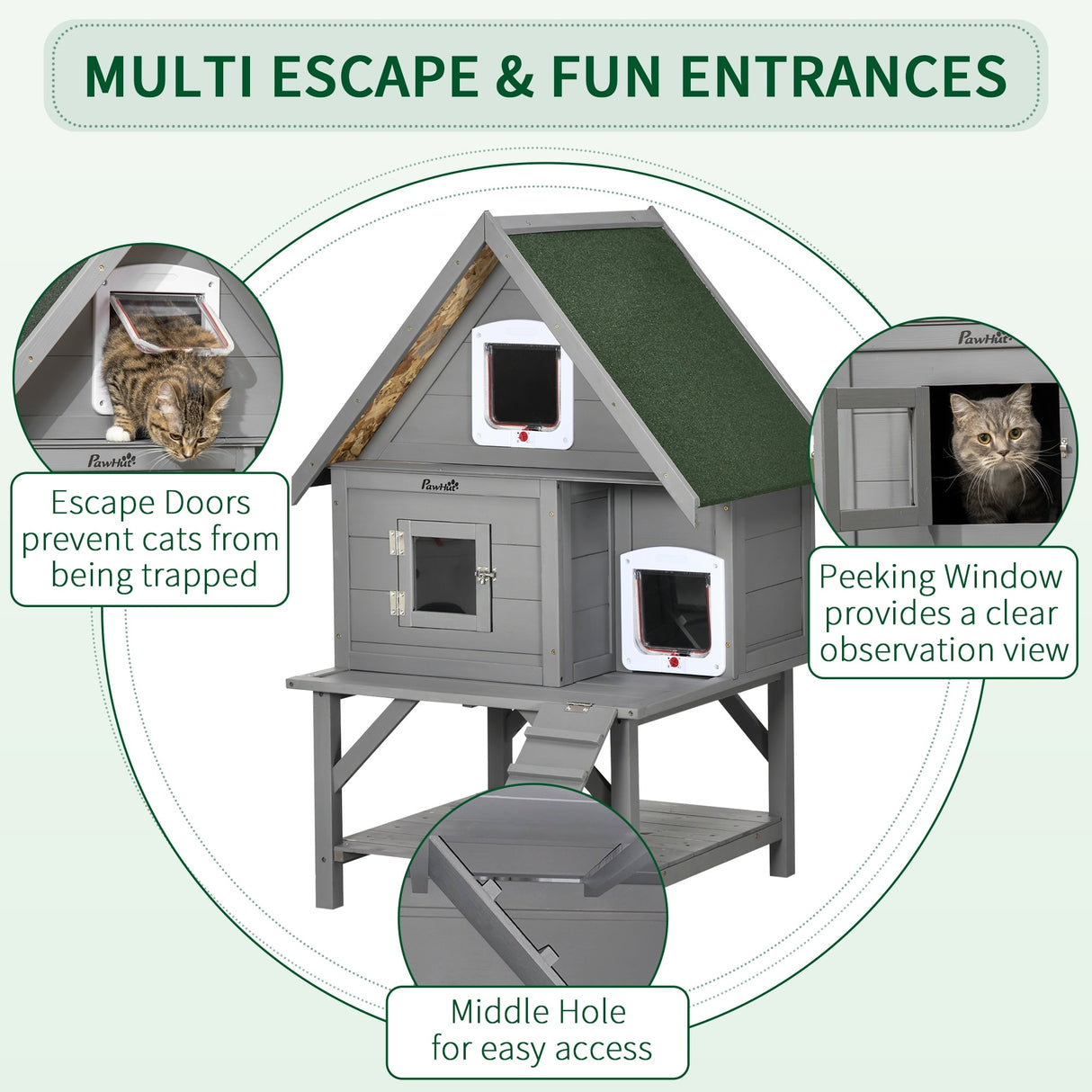 PawHut Wooden Cat House Outdoor with Escape Door, Weatherproof 3-Floor Cat Shelter for 1-2 Feral Cats