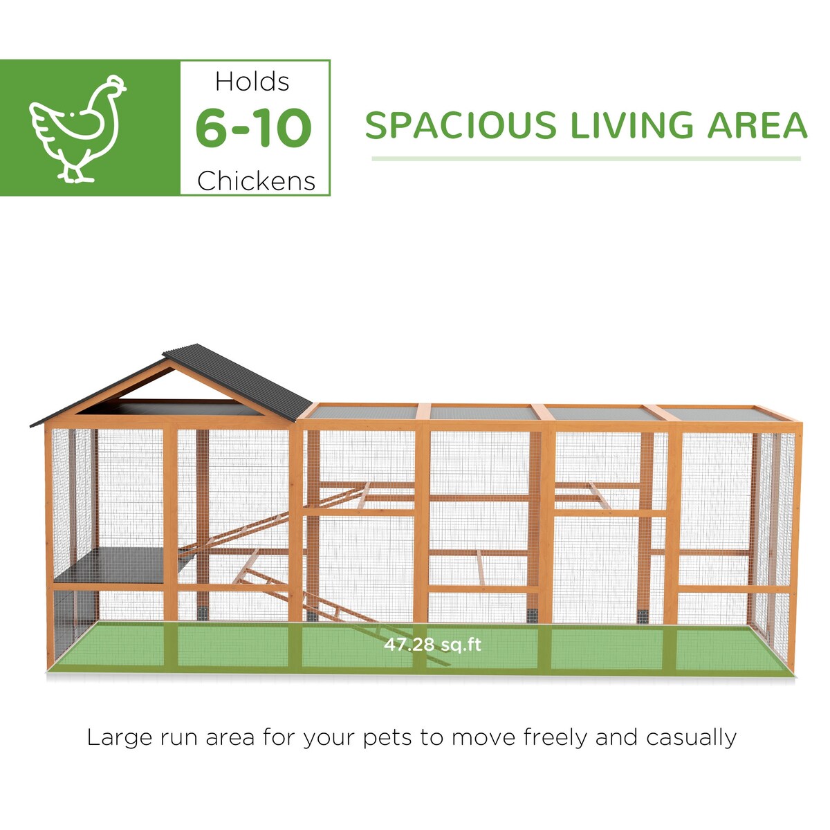 PawHut Wooden Chicken Coop Run for 6 - 10 Chickens, Hen House Add-On with Storage, Perches, 141.75" x 48" x 61"