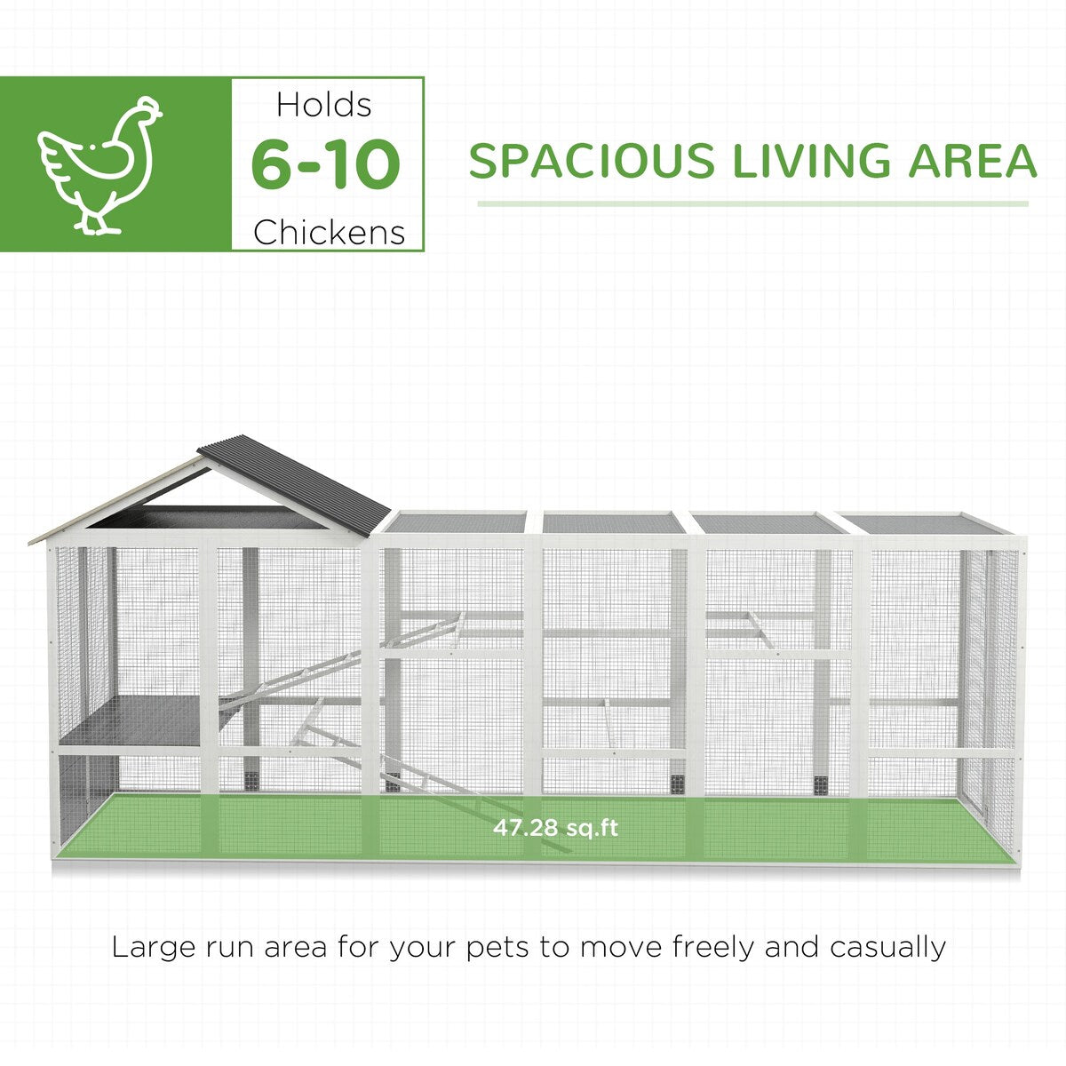 PawHut Wooden Chicken Coop Run for 6 - 10 Chickens, Hen House Add-On with Storage, Perches, 141.75" x 48" x 61"