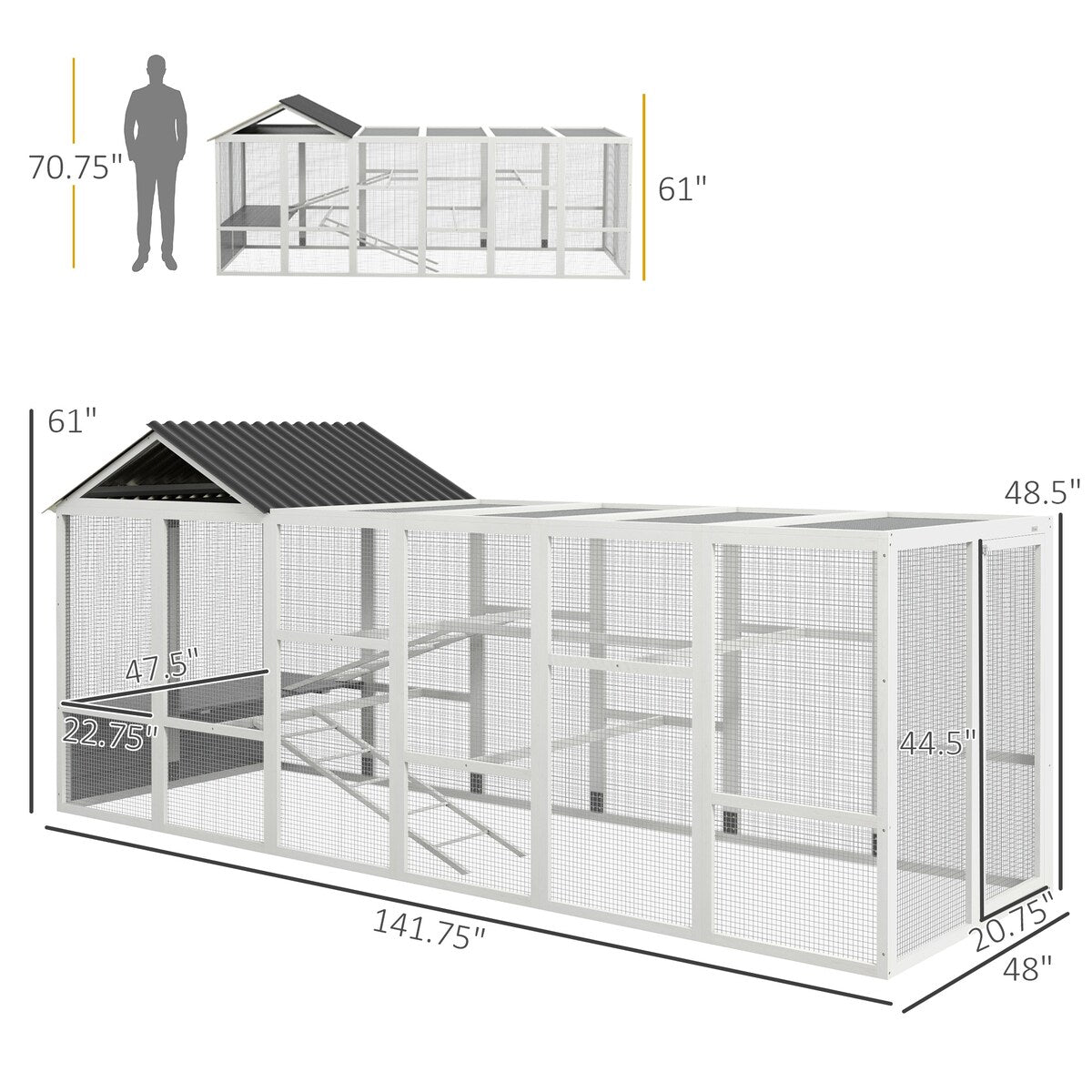 PawHut Wooden Chicken Coop Run for 6 - 10 Chickens, Hen House Add-On with Storage, Perches, 141.75" x 48" x 61"