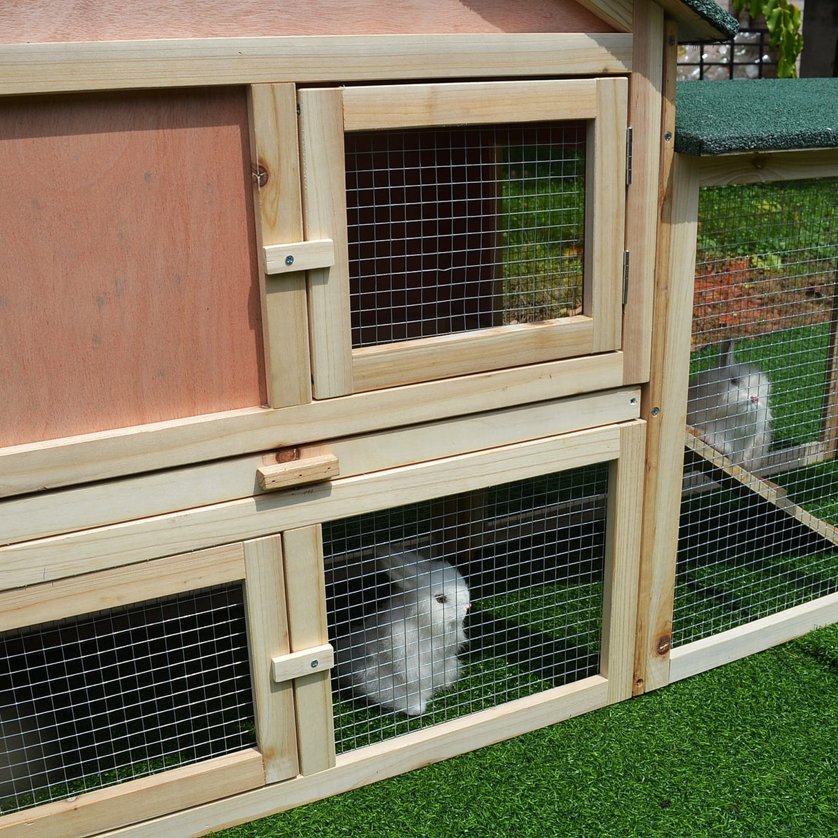 PawHut 83" Wooden Rabbit Hutch Large Bunny Hutch House with Double Run, Removable Tray and Waterproof Roof for Outdoor