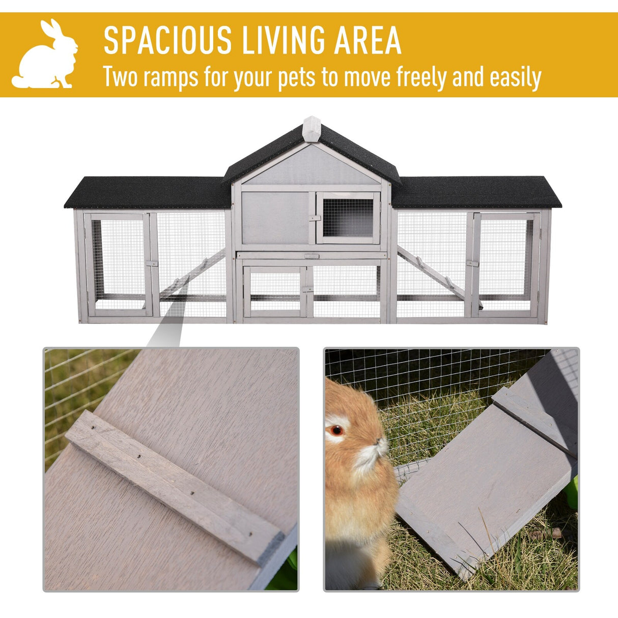 PawHut 83" Wooden Rabbit Hutch Large Bunny Hutch House with Double Run, Removable Tray and Waterproof Roof for Outdoor
