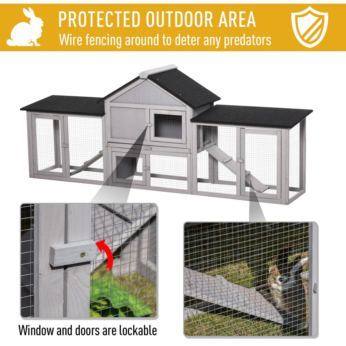 PawHut 83" Wooden Rabbit Hutch Large Bunny Hutch House with Double Run, Removable Tray and Waterproof Roof for Outdoor
