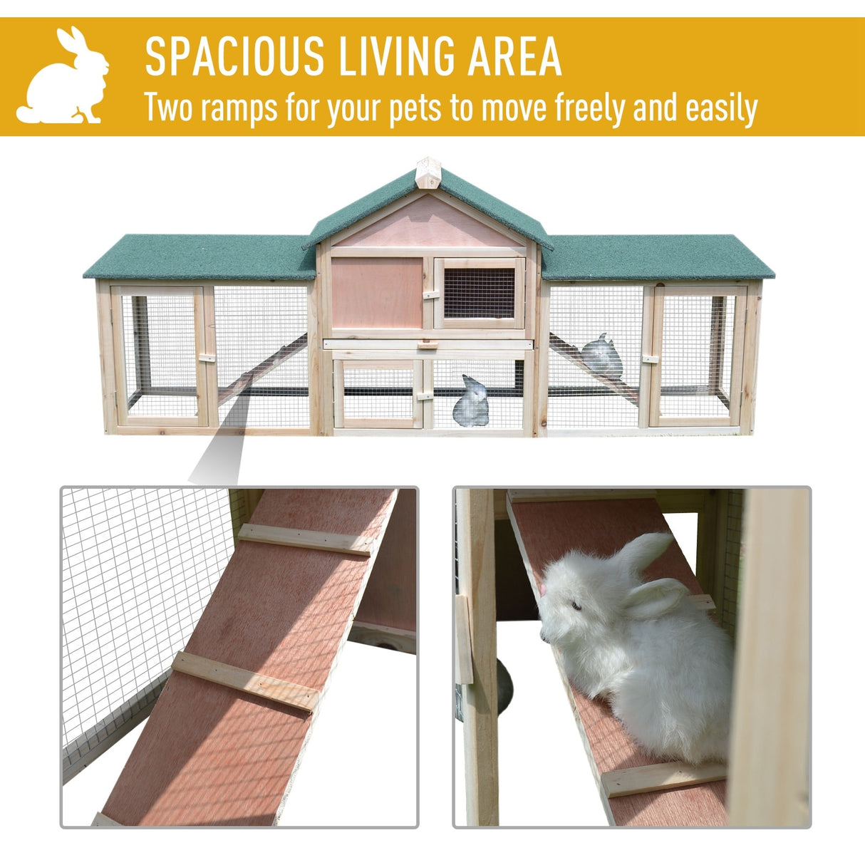 PawHut 83" Wooden Rabbit Hutch Large Bunny Hutch House with Double Run, Removable Tray and Waterproof Roof for Outdoor