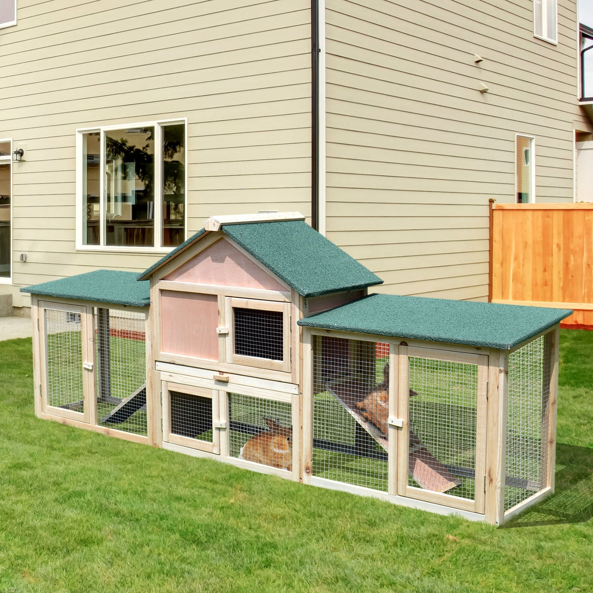 PawHut 83" Wooden Rabbit Hutch Large Bunny Hutch House with Double Run, Removable Tray and Waterproof Roof for Outdoor