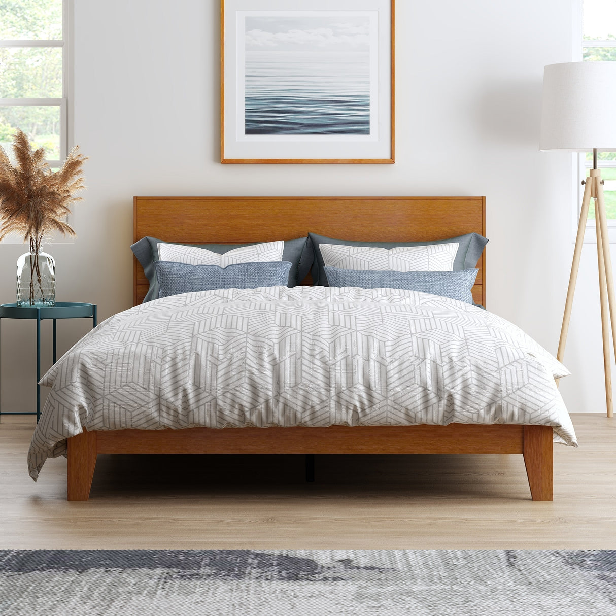 GALANO Layton Amber Walnut Wood Frame Queen Platform Platform Bed with Headboard