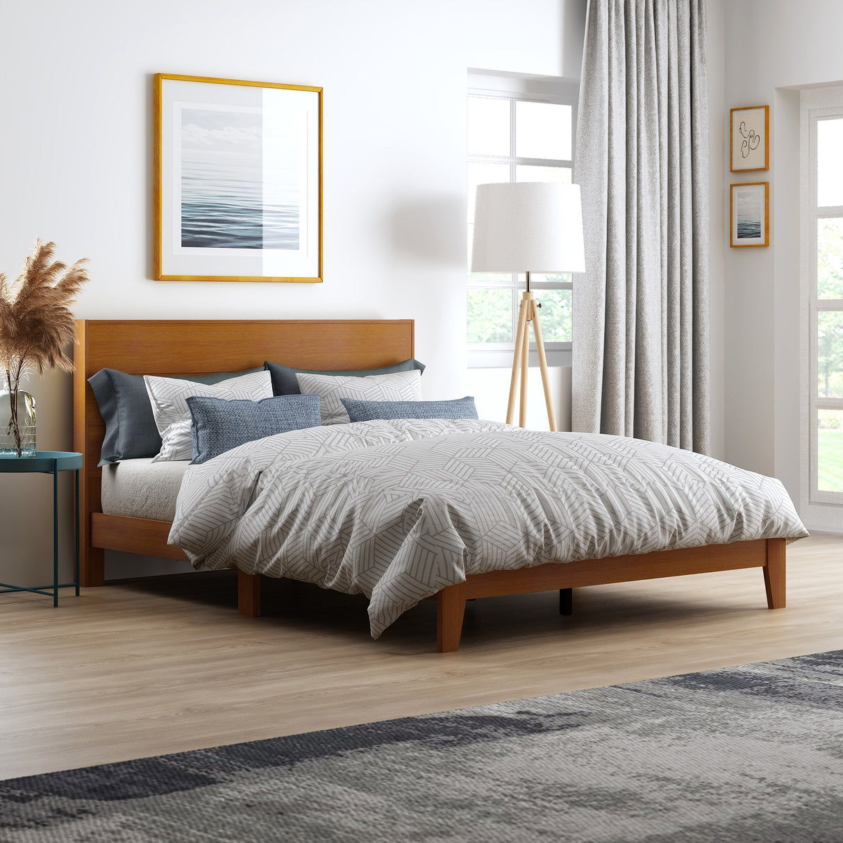 GALANO Layton Amber Walnut Wood Frame Queen Platform Platform Bed with Headboard