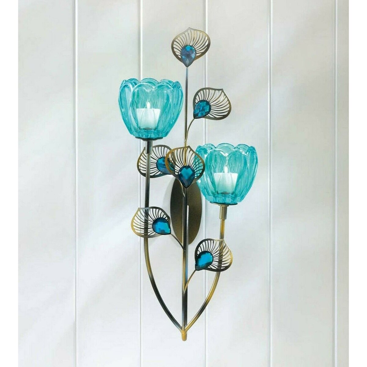 Peacock Bloom Candle Wall Sconce - Double - 6"Lx5.75"Wx14.25"H