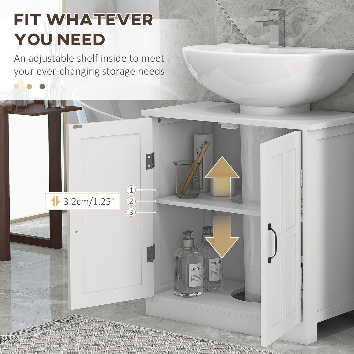 Pedestal bathroom vanities with adjustable shelf