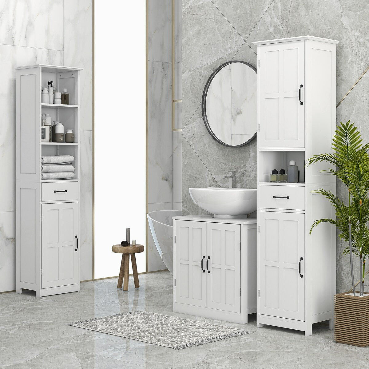 Pedestal bathroom vanities with adjustable shelf