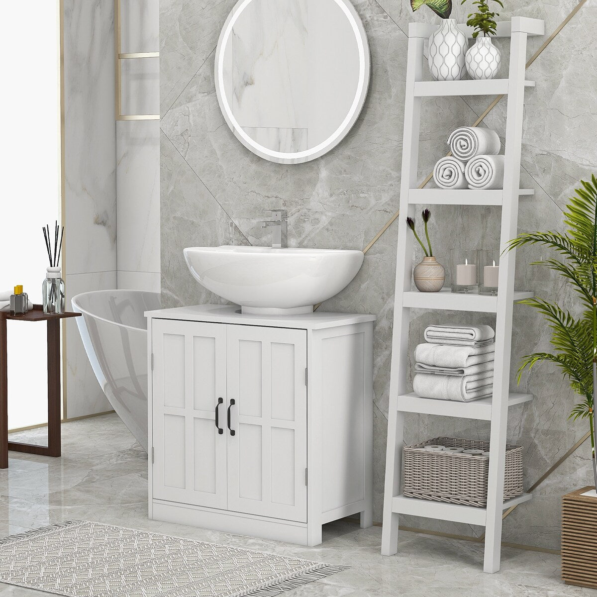 Pedestal bathroom vanities with adjustable shelf
