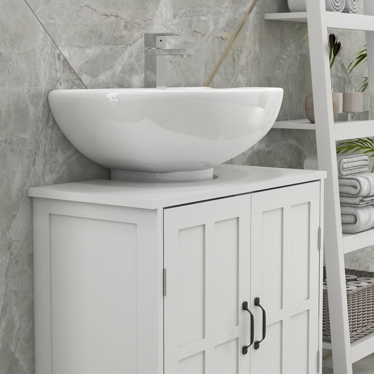Pedestal bathroom vanities with adjustable shelf