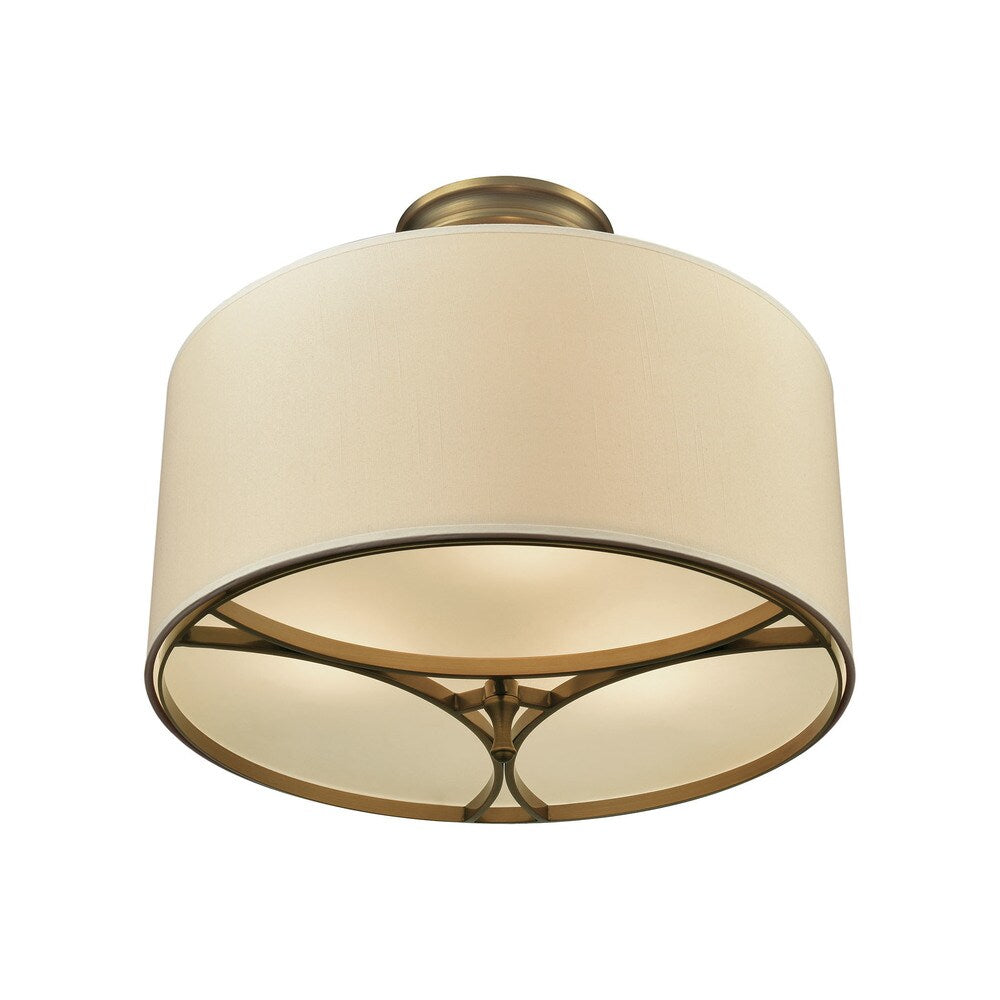 Pembroke Brushed Antique Brass Metal 3-light Semi-flush Fixture with Light Tan Fabric Shade