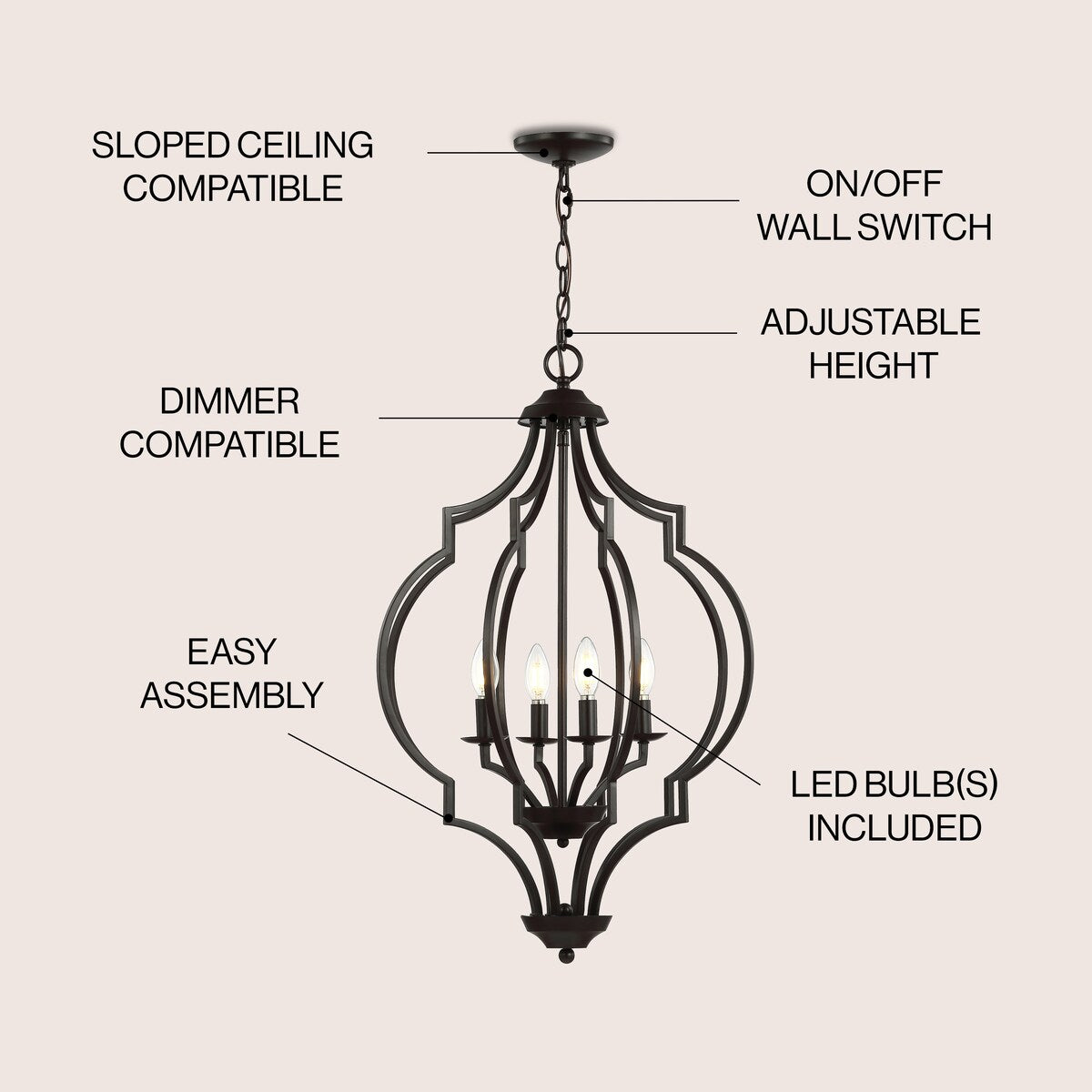 Pen 4-Light 19" Iron Adjustable Ogee Lantern LED Pendant, Bronze by JONATHAN Y