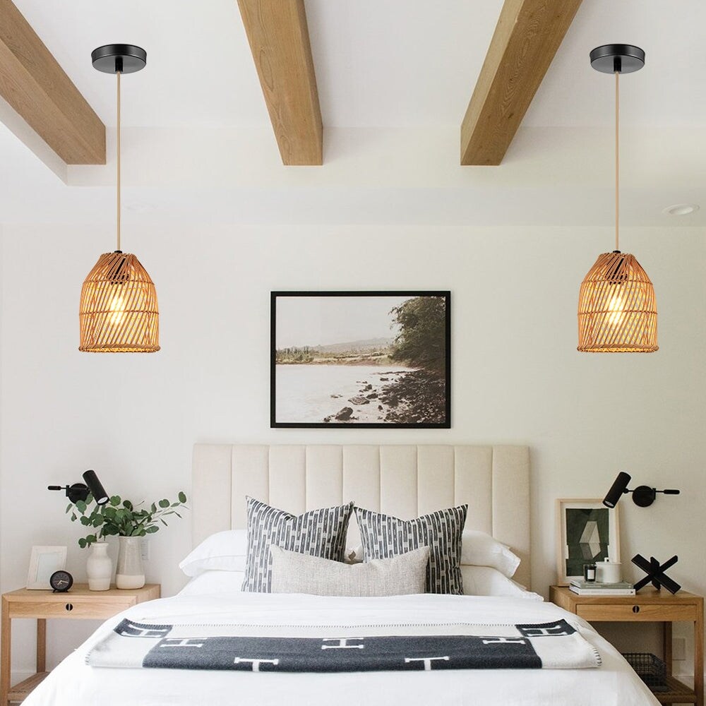 Pendant Light Adjustable Height Brown Rattan Textile Power Cord - 7'' x 7'' x 8.5'' (L x W x H)