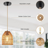 Pendant Light Adjustable Height Brown Rattan Textile Power Cord - 7'' x 7'' x 8.5'' (L x W x H)