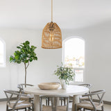 Pendant Light Adjustable Height Brown Rattan Textile Power Cord - 7'' x 7'' x 8.5'' (L x W x H)