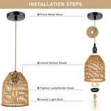 Pendant Light Adjustable Height Brown Rattan Textile Power Cord - 7'' x 7'' x 8.5'' (L x W x H)