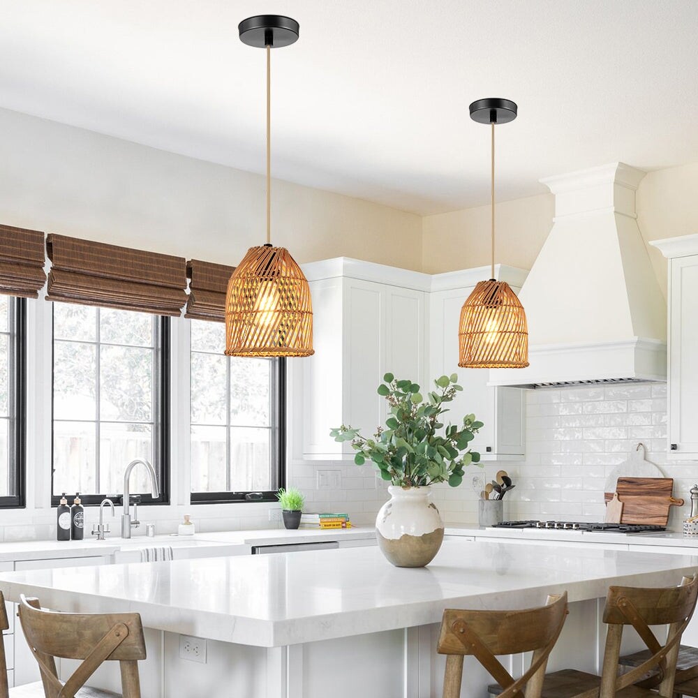Pendant Light Adjustable Height Brown Rattan Textile Power Cord - 7'' x 7'' x 8.5'' (L x W x H)