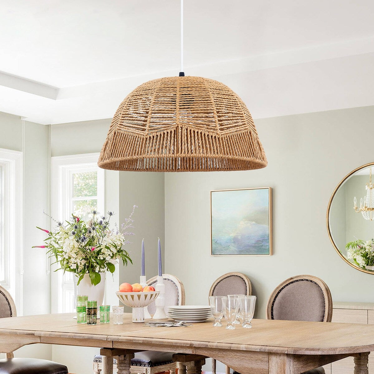 Pendant Light Bundle Black Brown Rattan(Set of 2) - 8''x 8'' x 13''&15''x 8'' x 15''(L x W x H)