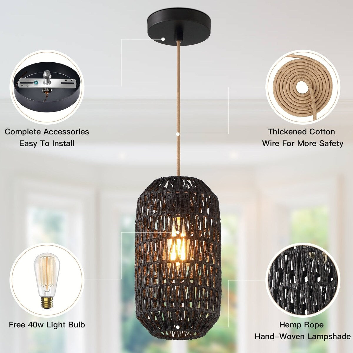 Pendant Light Bundle Black Brown Rattan(Set of 2) - 8''x 8'' x 13''&15''x 8'' x 15''(L x W x H)