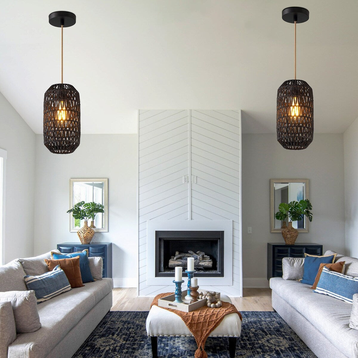 Pendant Light Bundle Black Brown Rattan(Set of 2) - 8''x 8'' x 13''&15''x 8'' x 15''(L x W x H)