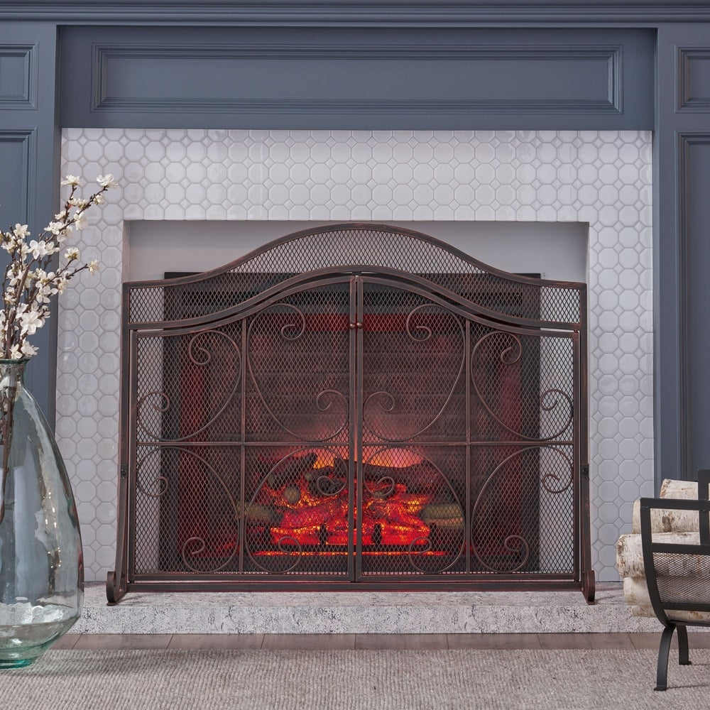Pendleton Modern Three Panel Fireplace screen with Door by Christopher Knight Home