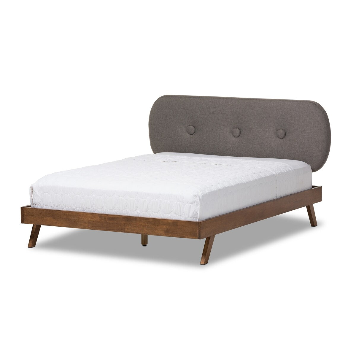Penelope Mid-Century Modern Solid Walnut Wood Grey Fabric Upholstered Queen Size Platform Bed